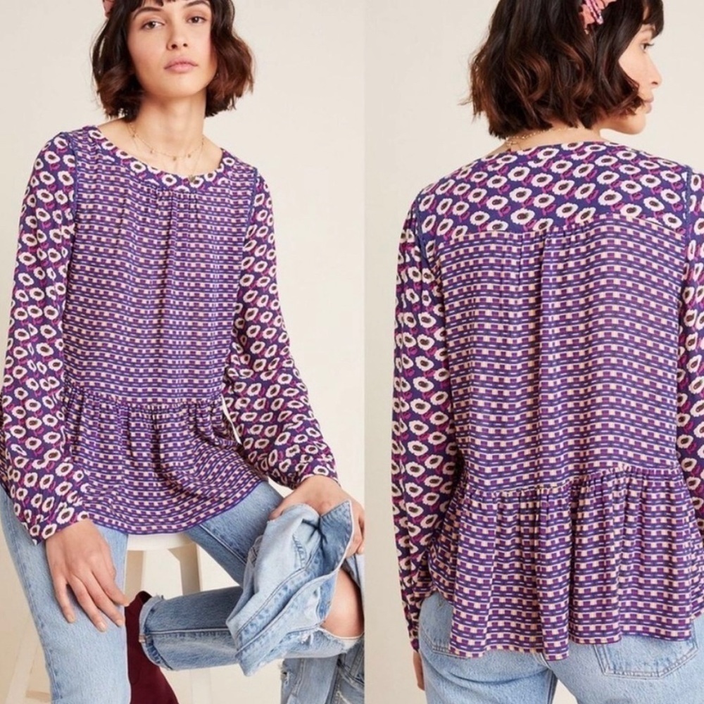 Maeve Anthropologie Peplum Colorful Design Blouse